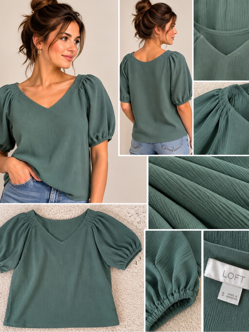 LOFT Puff Sleeve V-Neck Top - Sage